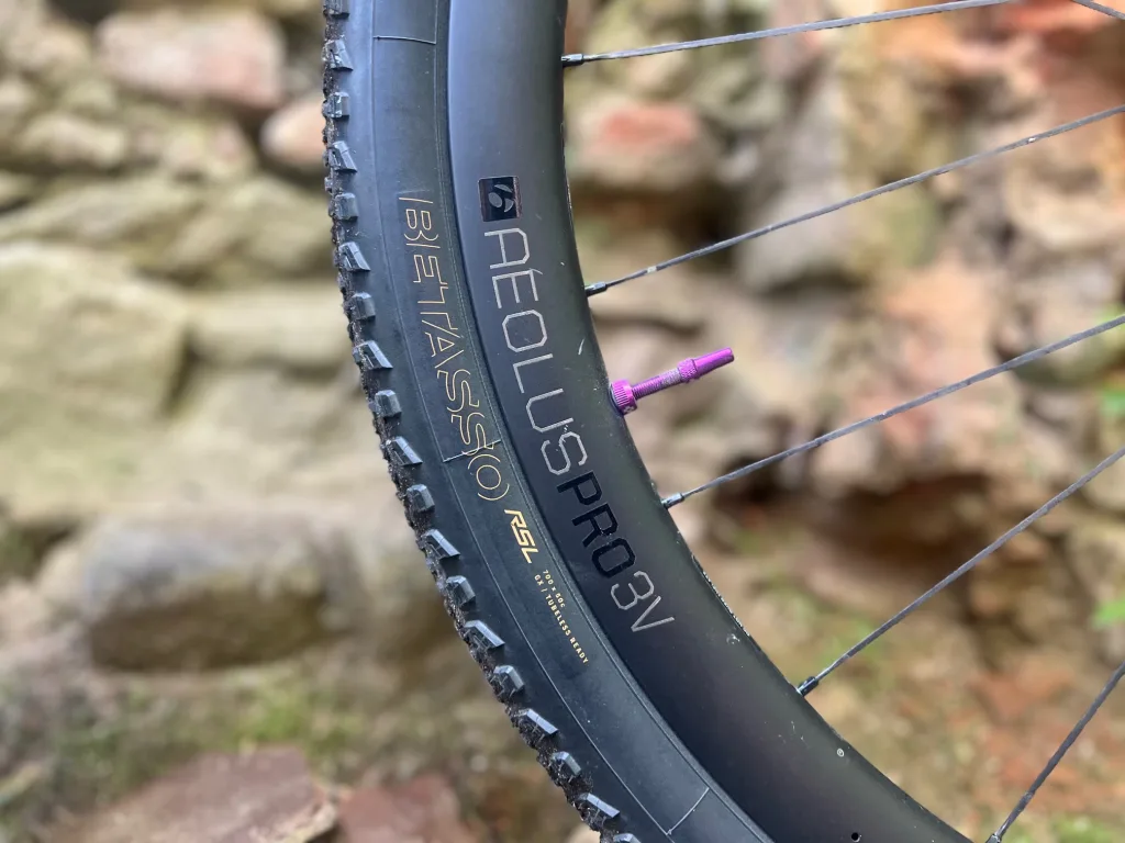 Close-up of a Bontrager Aeolus Pro tire mounted on a carbon wheel