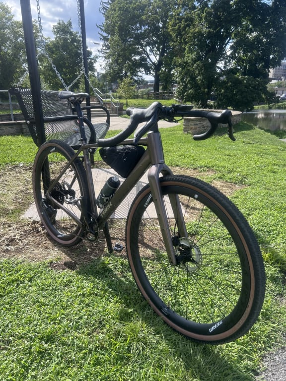 Gravel bike on Bontrager tires parked on grass